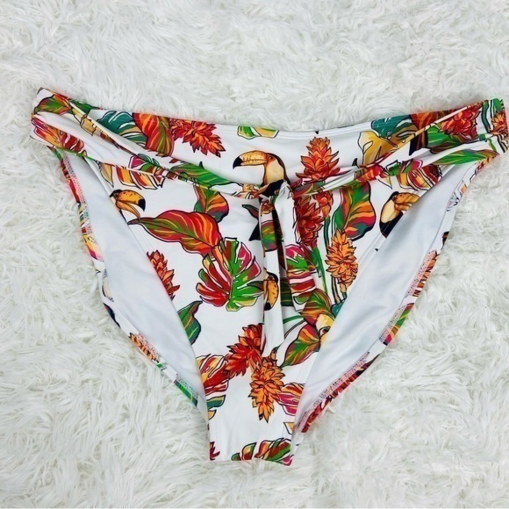 NWOT MYNAH tropical colorful white toucan Bird tie front bikini bottoms size XXL
